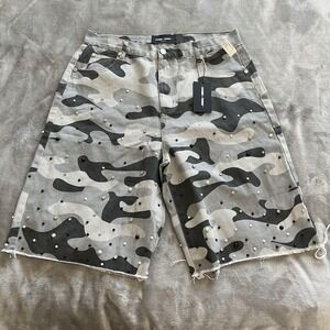 Homme + Femme Shorts Mens 36 Gray Snow Camo Gemstone Denim Studded Pearl Frayed‎